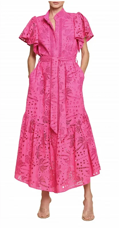 Women's Comfy Loungewear Outfit Vintage Retro Party Wear Eyelet Midi Dress In Hot Pink