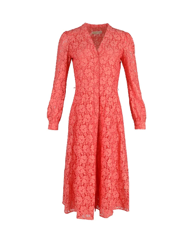 Women's Travel Garments Dreamy Draping Michael Michael Kors Long Sleeve Midi Dress in Coral Cotton Lace