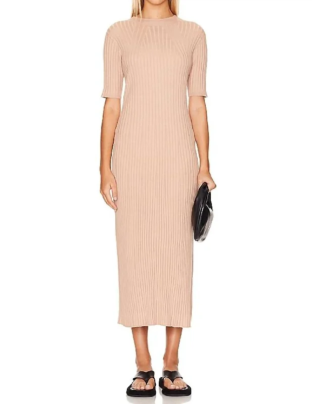 Women's Office Clothing Sleek Design Maeve Rib Knit Midi Dress In Warm Taupe