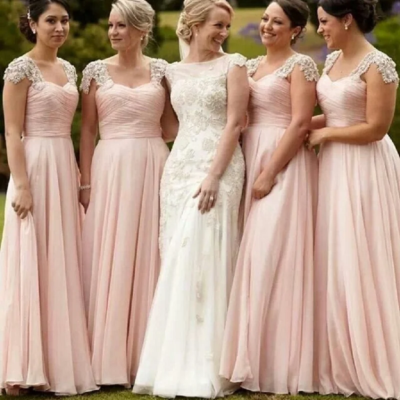 Women's Transitional Clothes Feminine Flow Cap Sleeve Blush Pink Chiffon Formal A Line Floor-Length Cheap Bridesmaid Dresses, WG85