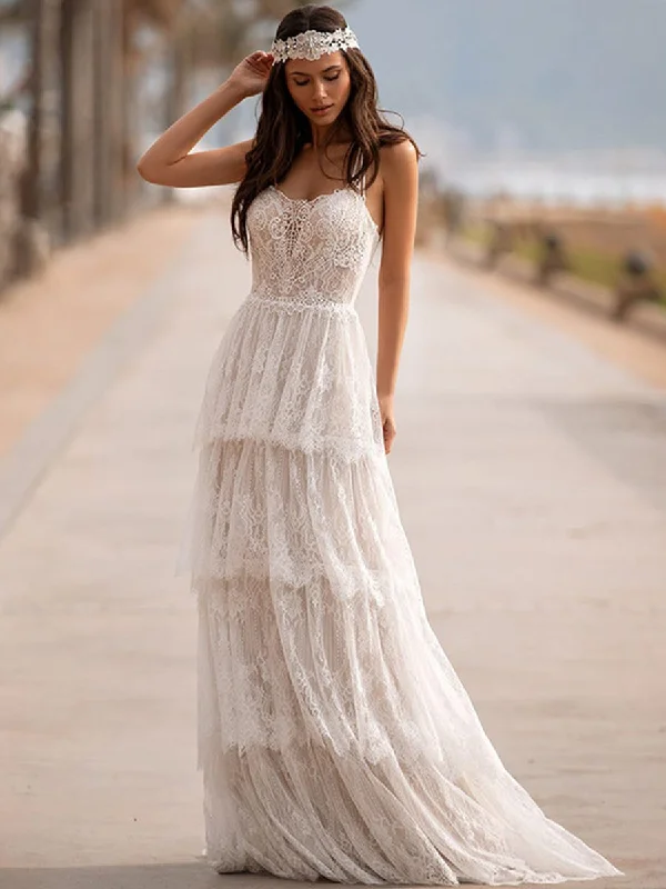 Affordable Women's Clothing Ethnic Cultural Event Wear Boho Lace Layered Ruffle Wedding Dress Sleeveless