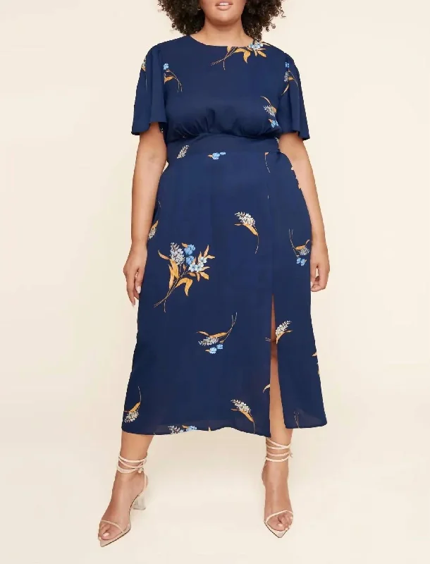 Women's Outfit For The Office Ethnic Cultural Event Wear DUSK BLOOM FLORAL MIDI DRESS in Navy Multi