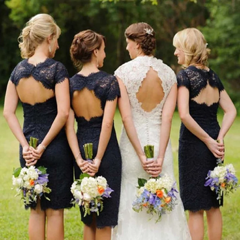 Timeless Women's Clothes Boho - Chic Festival - Ready Style Charming  Lace Navy Blue Open Back Knee-Length Short Mini  Cheap Bridesmaid Dresses, WG095