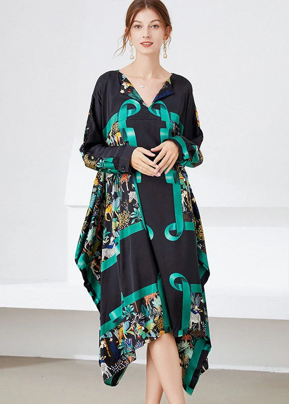 Comfortable Women's Attire Sleek Design Stylish Black Green Asymmetrical Print Satin Maxi Dress Spring