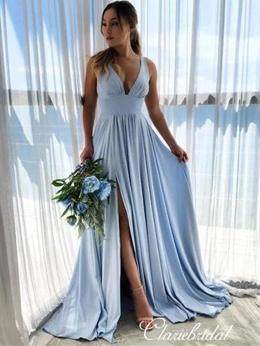 Women's Professional Apparel Contemporary Chic Blue V-neck Jersey Side Slit A-line Bridesmaid Dresses