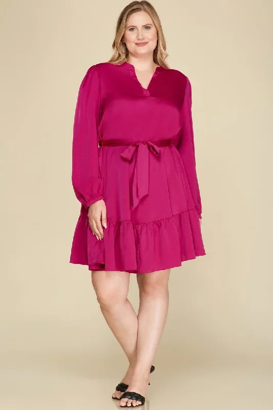 Women's Work Outfit For The Office Now On Sale For Chic Urban Styles MAGENTA SATIN W/ WAIST SASH WOVEN PLUS SIZE MINI DRESS S10PSY4663