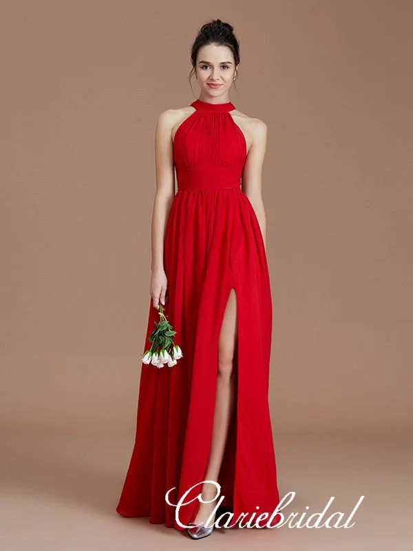 Women's Holiday Apparel Vintage Look Lovely A-line Red Chiffon Side Slit Long Bridesmaid Dresses