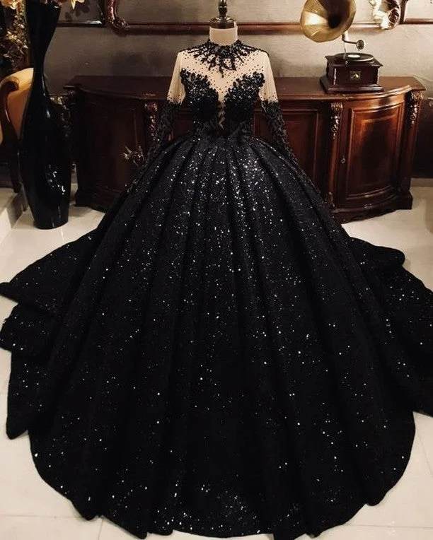 Women's Travel Garments Chic Urban Fashion Look High Neck Ball Gown Black Sequin Wedding Dresses Long Sleeves Sweet 16 Dress