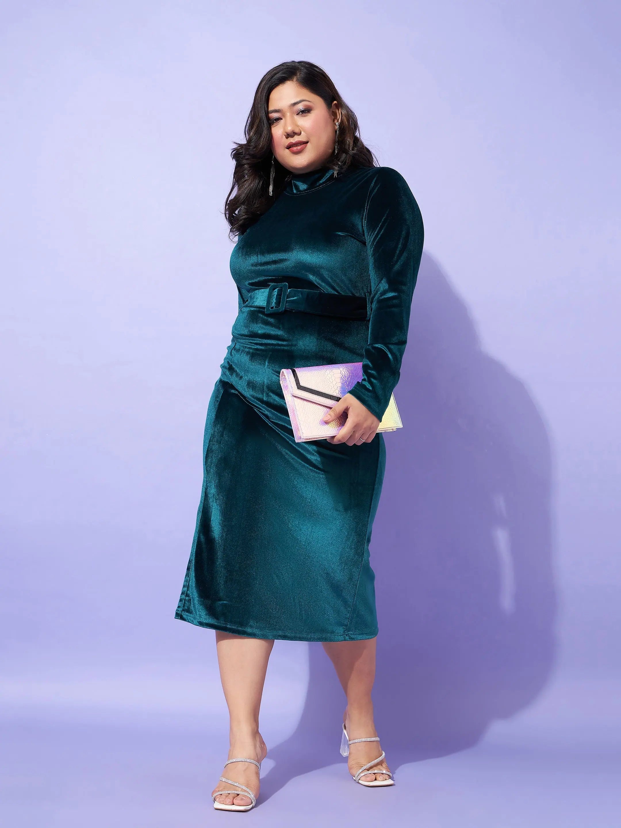 Women's Comfortable Lounge Attire Refined Look Women Emerald Velvet Front Slit Bodycon Dress