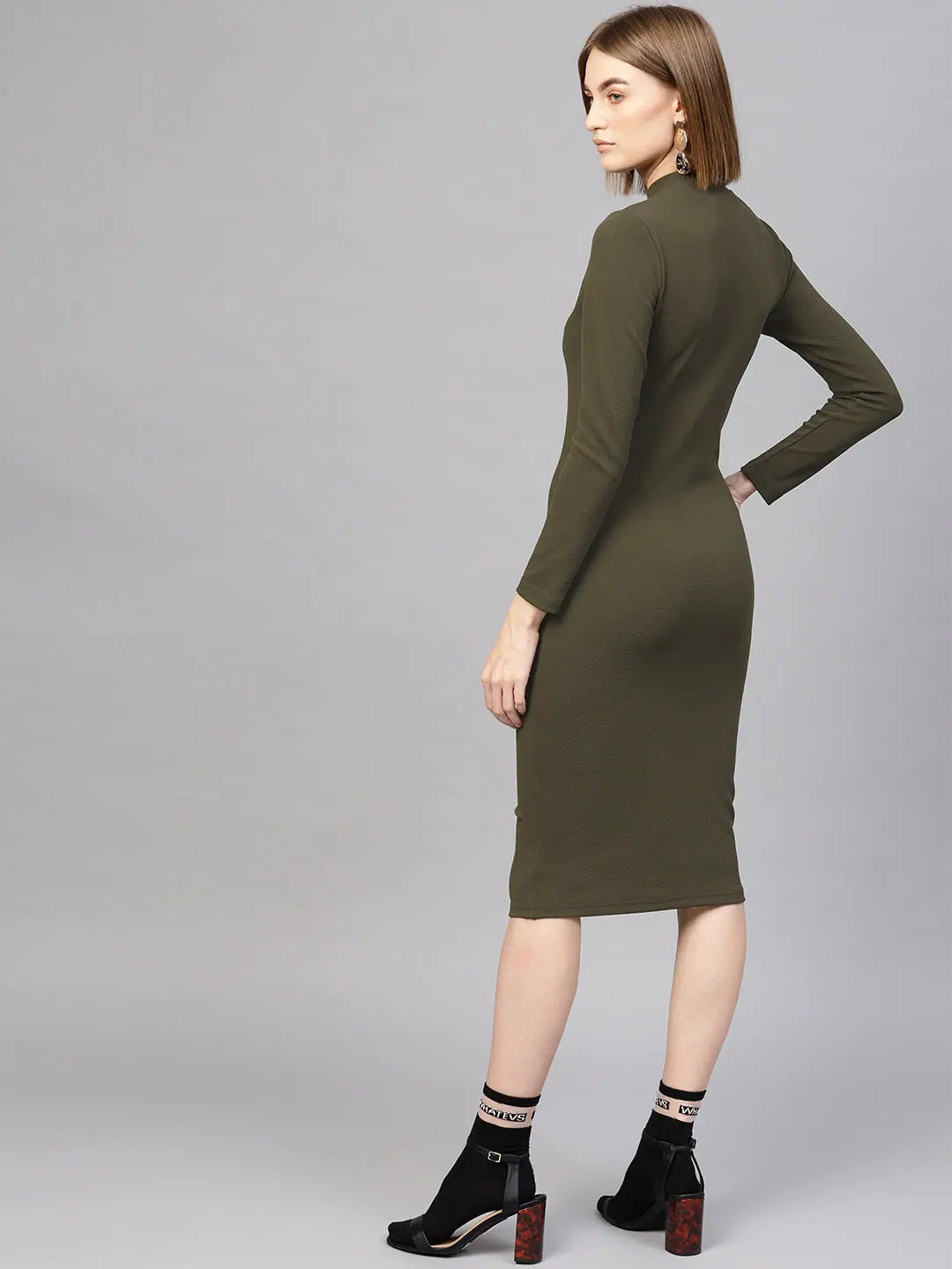 Modern Women's Attire Polished Finish Olive High Neck Bodycon Midi Dress