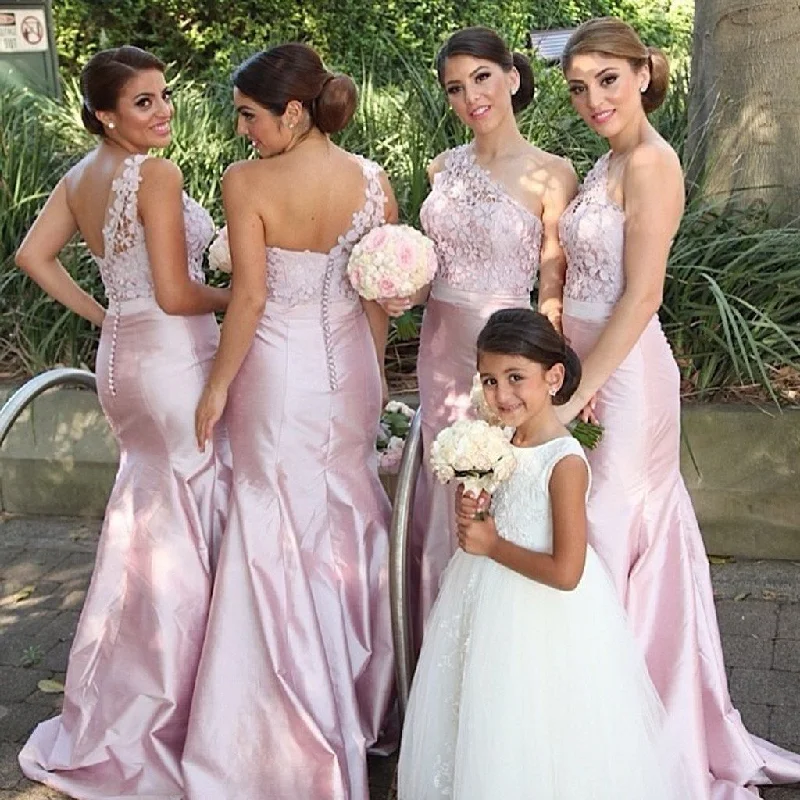 Women's Trendy Outfit Romantic Detailing One Shoulder Mermaid Sexy Pink Long Bridesmaid Dresses with Handmade Flowers, WG143