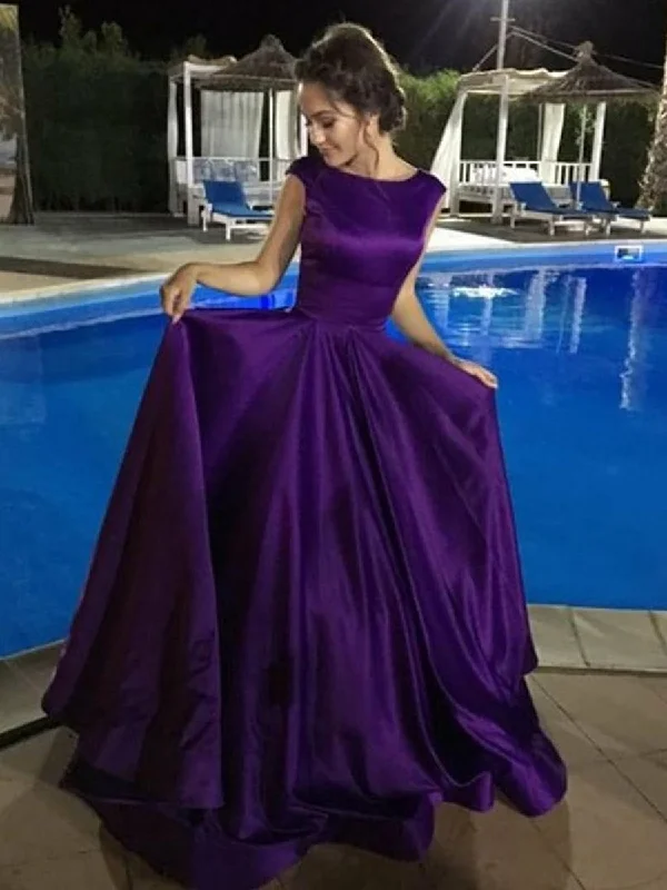 Elegant Women's Attire Hollywood Glam Award - Show Style Custom Made Purple Scoop Neck Backless Satin Long Ball Gown Prom Dresses, Pueple Backless Evening Dresses