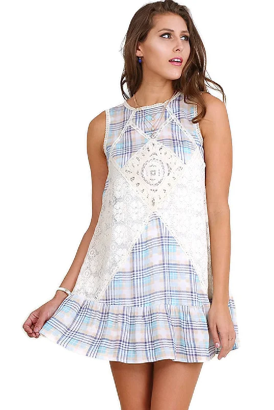 Women's Clothing Apparel Sets Effortless Grace Plaid Sleeveless Lace Dress, Blue