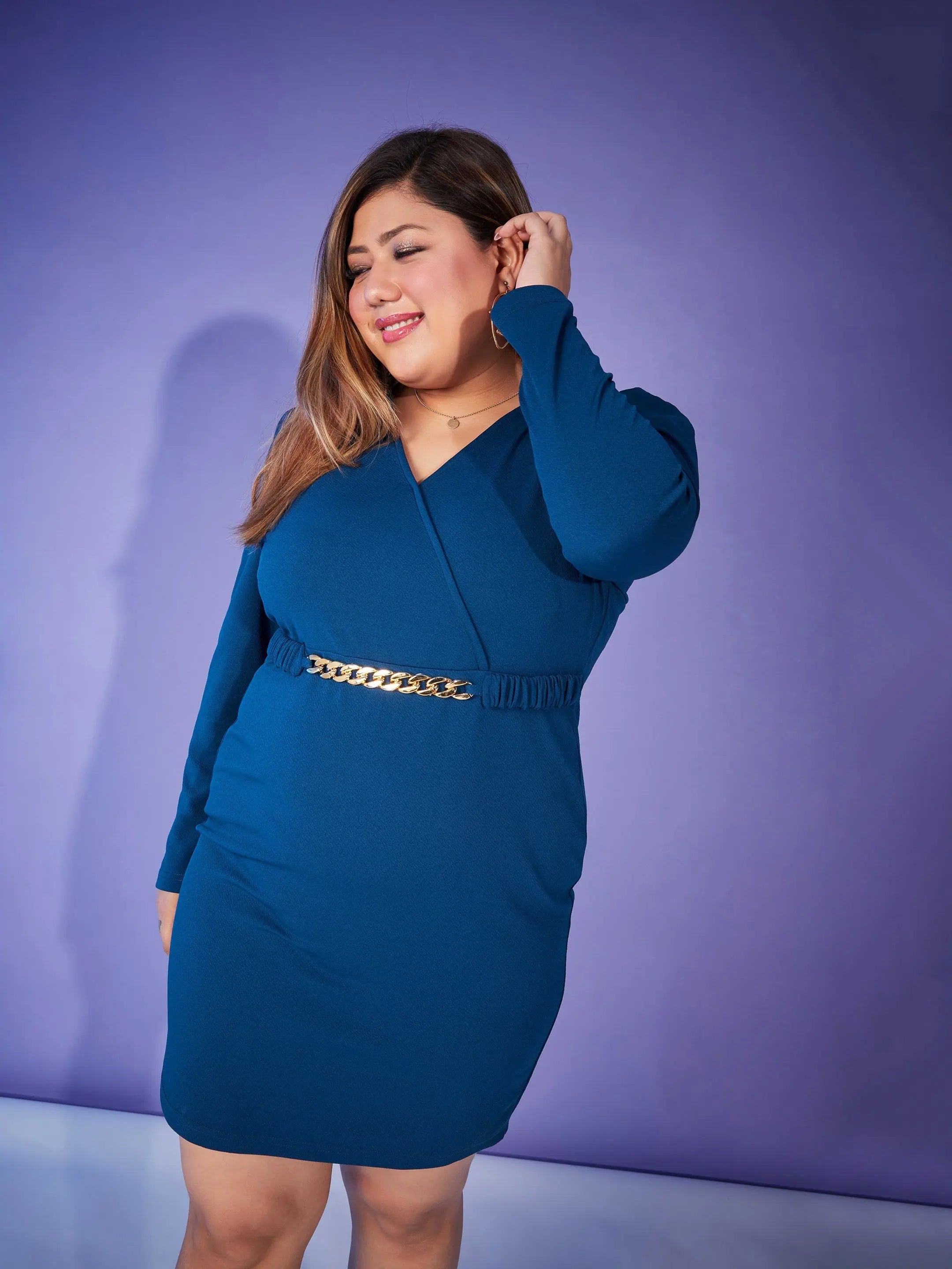 Women's Travel Attire Feminine Allure Women Blue Belted Bodycon Dress