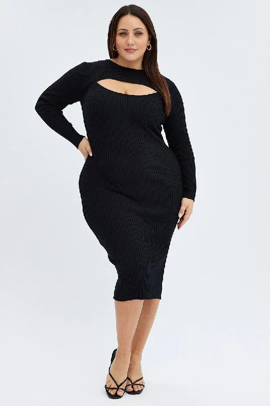 Women's Casual Clothing For Lounging Feminine Elegant Black Knit Dress Midi Long Sleeve