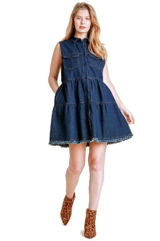 Women's Everyday Garments Limited - Stock Tiered Sleeveless Dress, Dark Denim