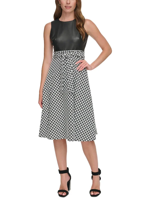 Women's Trendy Casual Outfit Feminine Grace Petites Womens Faux Leather Houndstooth Midi Dress