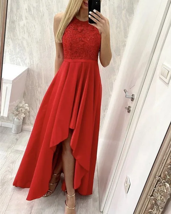 Women's Trendy Apparel Vintage Look Red lace halter prom dresses asymmetrical gown for back to school prom    cg19021