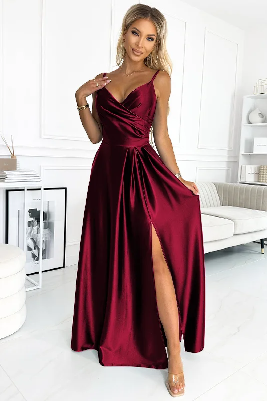 Women's Layered Outfit Classic Timeless Elegant Style CHIARA elegant satin maxi dress with straps - Burgundy color