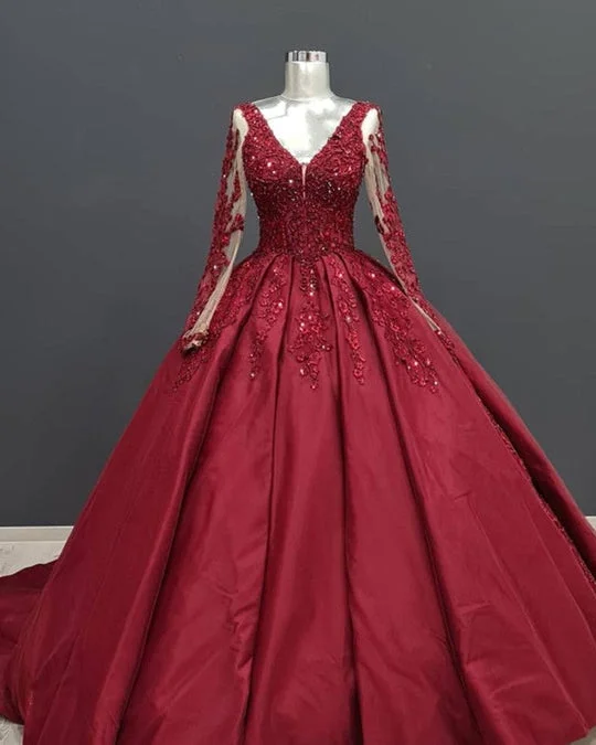 Women's Garments Refined Simplicity Long Sleeves Burgundy Satin Quince Dresses Plus Size Lace Appliques Bridal Gown