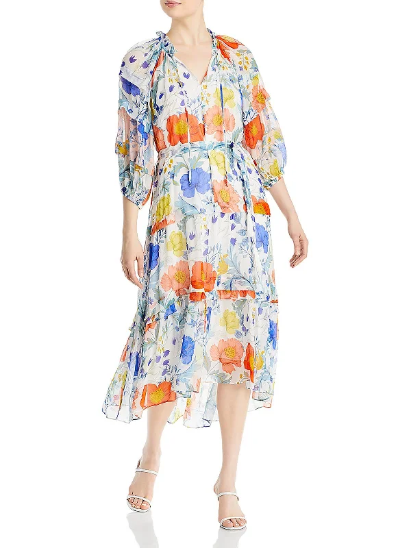 Women's Fashionable Attire For Work Luxe Layering Womens Floral Print Tea Length Midi Dress