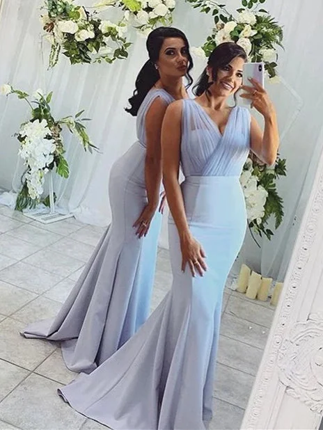 Women's Activewear Attire Sleek Design New Arrival Blue Jersey Tulle Bridesmaid Dresses, Long Mermaid Bridesmaid Dresses, Popular Bridesmaid Dresses