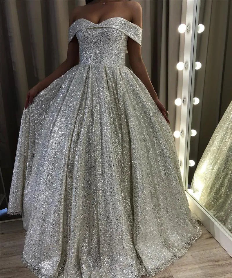 Women's Stylish Professional Apparel Vibrant Prints Shiny Silver Sequin Wedding Dresses Off the Shoulder Country Garden Bridal Gown