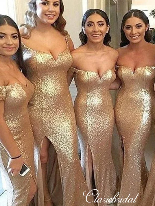 Classic Women's Apparel Refined Look Off Shoulder Gold Sequin Side Slit Long Bridesmaid Dresses