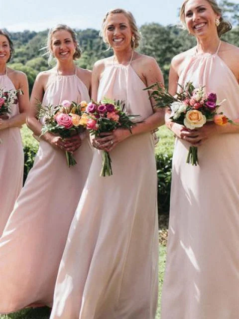 Women's Seasonal Garments Romantic Detailing Halter Blush Pink Chiffon Bridesmaid Dresses, Simple Popular Bridesmaid Dresses