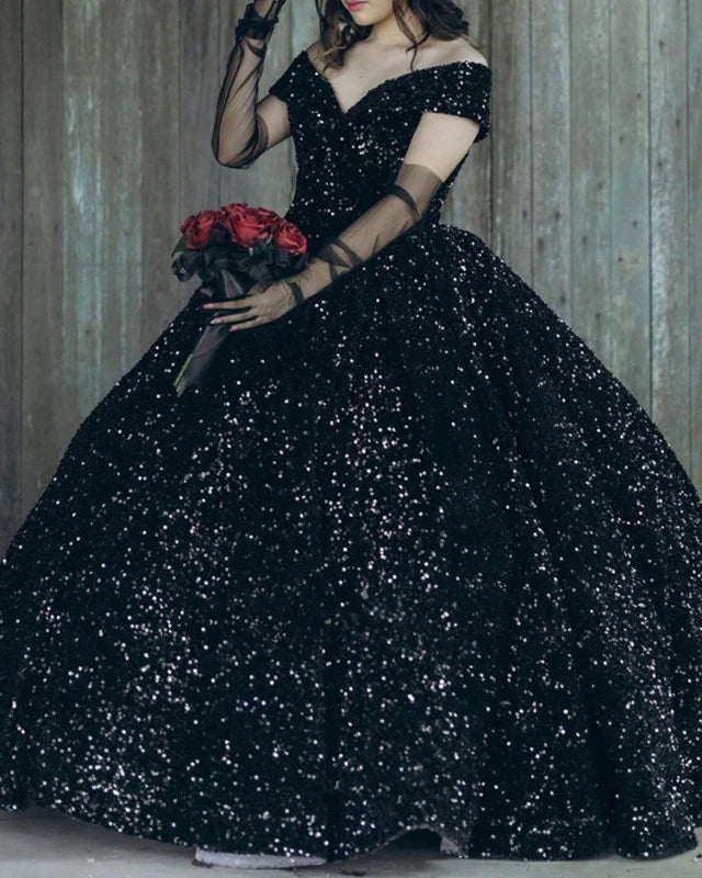 Women's Evening Garments Elevated Style Ball Gown Black Sequin Gothic Wedding Dress Off the Shoulder