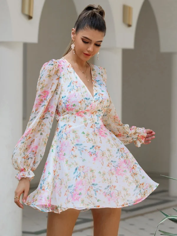 Women's Vacation Attire Statement Piece KittenAlarm - Flora Print Chiffon Open Back Long Sleeve Dress