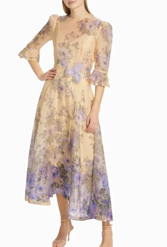 Women's Night-Out Outfit Coastal Beach - Inspired Style Lyrical Flare Sleeve Midi Dress In Blue Floral Print