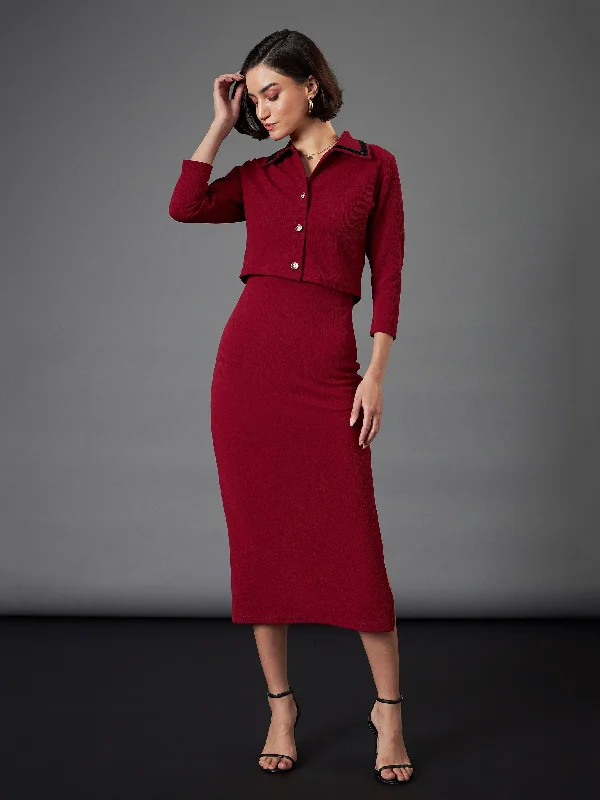 Women's Apparel And Garments Ethnic Cultural Event Wear Women Maroon Strappy Bodycon Dress With Crop Jacket