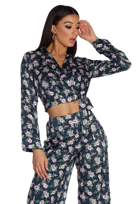 Women's Tops And Clothing Minimalist Chic Bloom Out Satin Pajama Crop Top