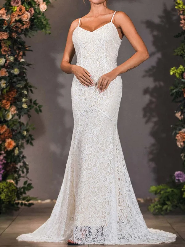 Women's Clothes For The Office Coastal Beach - Inspired Style 2024 Mermaid Slip Wedding Dress With Lace Overlay