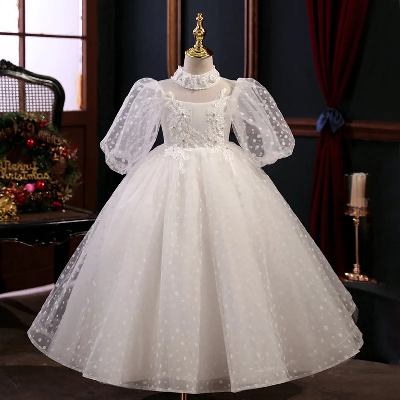 Chic Women's Attire Exquisite Craftsmanship Flower Girl Dress Children First Communion White Princess Dress Long Sleeves Fluffy Pageant Dress