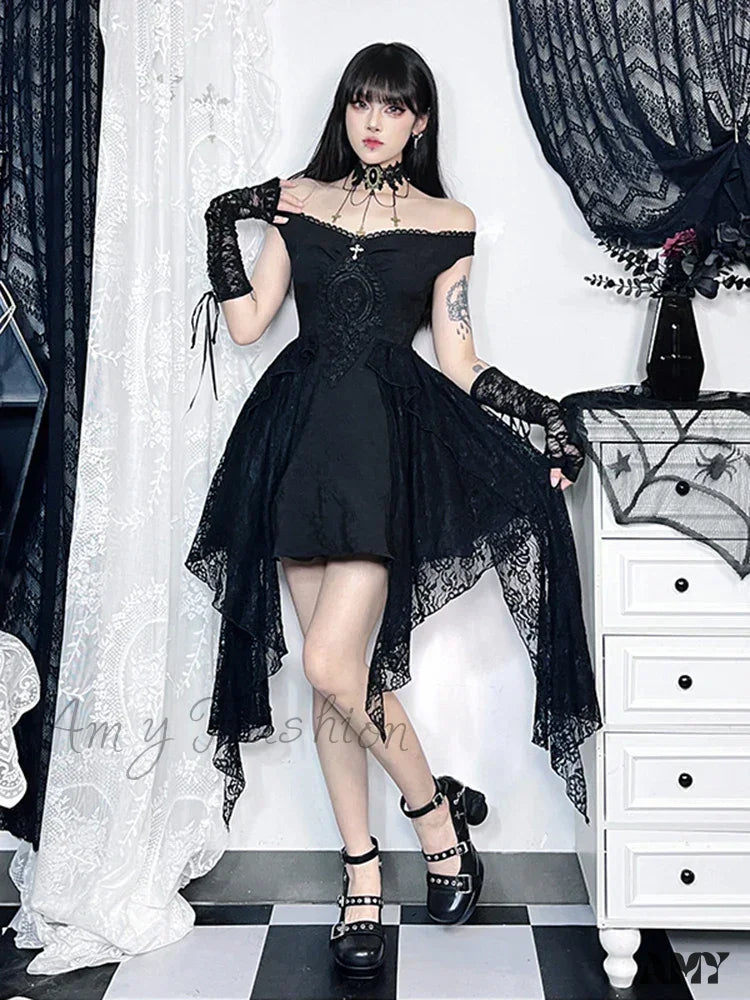 Women's Workout Garments Parisian Effortless Chic Style A-Line Vintage Dress Gothic Aesthetic Shoulder Black Gown Corsets Women Partywear Folds Ball Grunge Off Harajuku