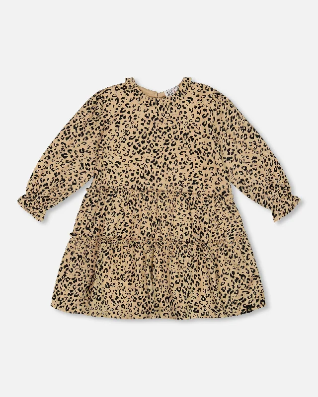 Women's Casual Outfit Minimalist Chic Long Sleeve Viscose Dress With Frill Printed Leopard