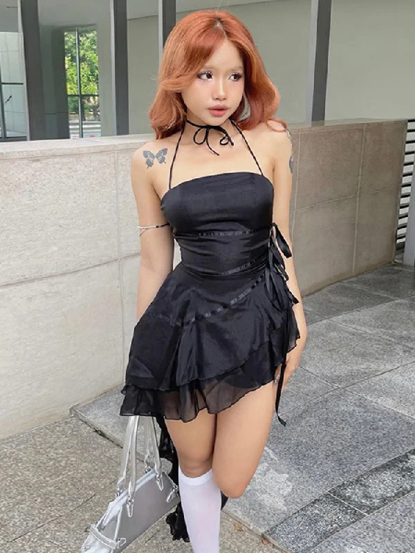 Affordable Trendy Clothes For Women Limited - Stock Sleeveless Halter Neck Strapless Ruffle Cap A-Line Pleated Swing Tube Top Dress