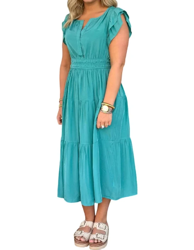 Stylish Outerwear Clothing For Women Nordic Minimalist Home Look Flutter Sleeve Midi Dress In Jade