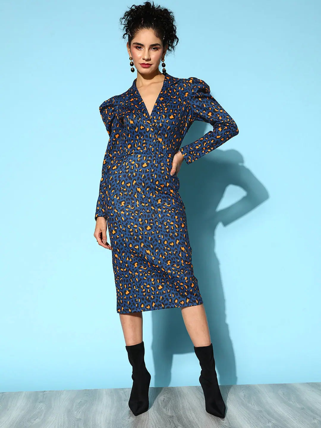 Women's Stylish Professional Garments Boho - Chic Festival - Ready Style Women Navy Cheetah Scuba Wrap Bodycon Midi Dress