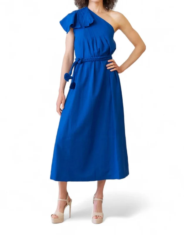 Women's Seasonal Attire Feminine Allure One Shoulder Leaf Maxi Dress In Navy Blue