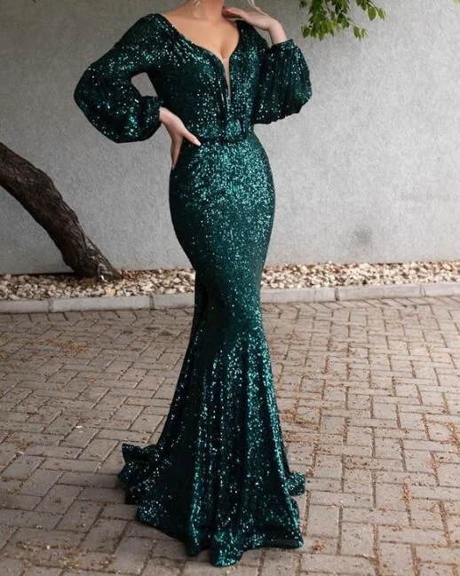 Vintage-Inspired Garments Sophisticated Cut Sparkly Green Long Sleeve Evening Prom Dresses.Charming V-Neck Backless Mermaid Formal Evening Gowns   cg19255