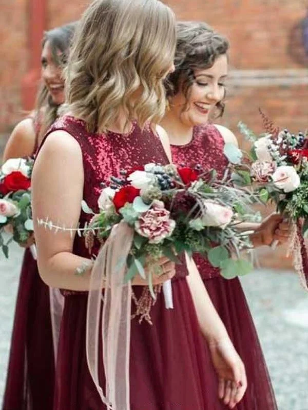 Vintage-Inspired Women's Clothes Nordic Minimalist Home Look 2 Pieces Sequin Top Tulle Bridesmaid Dresses, Lovely Bridesmaid Dresses, Popular Bridesmaid Dresses