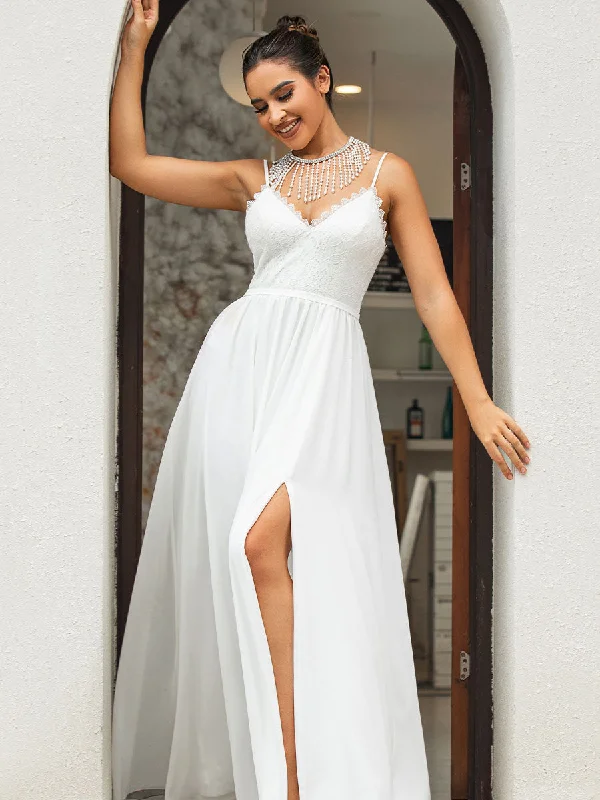 Women's Outfit Graceful Drape Cheap A Line Wedding Dresses Chiffon Sleeveless Casual