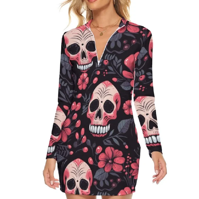 Women's Fashion Clothes Art Deco Geometric Pattern Look Women's Pink Floral Skull Zip Front Bodycon Long Sleeve Dress