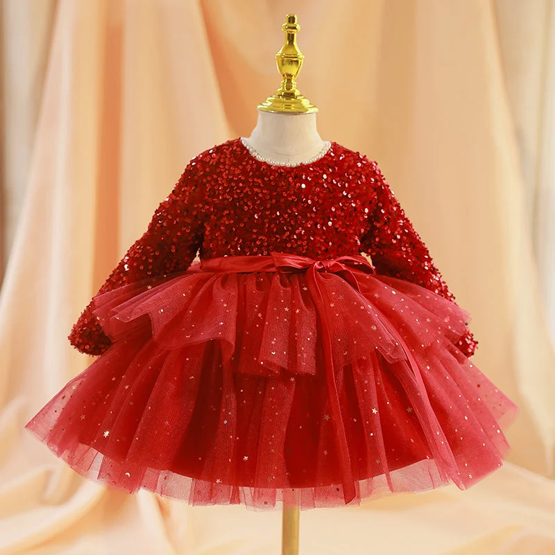 Women's Transitional Outfit Disco - Inspired Retro Dance Look Girl Christmas Dress Baby Girl Dress Toddler Prom Dress Princess Red Sequin Long Sleeve Puffy Dress