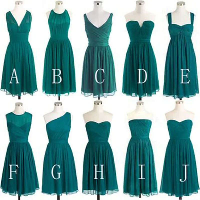 Women's Casual Attire Flowing Silhouette Teal Green Chiffon Mismatched Different Styles Knee Length Cheap Short Bridesmaid Dresses, WG185