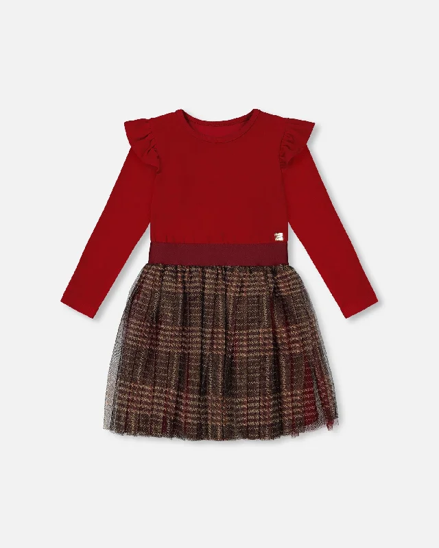 Women's Athletic Outfit Soft Textures Long Sleeve Dress With Glittering Tulle Skirt Red Plaid