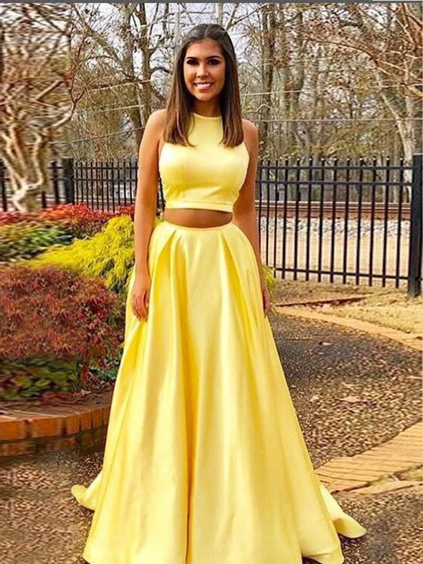 Women's Evening Wear Attire Summer Fashion Simple Round Neck Two Pieces Yellow Prom Dresses, Yellow Satin Long Formal Dresses